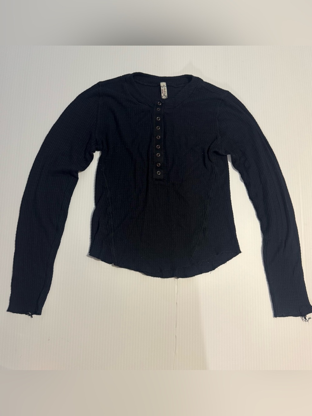 Free People Black Ribbed Thermal Henley Top Boho Grunge Y2K Long Sleeve Medium